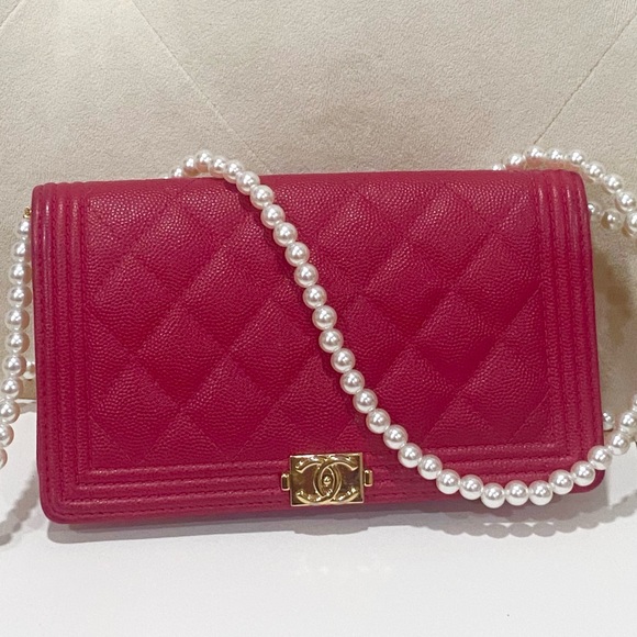 CHANEL Handbags - Chanel Quilted Caviar Boy hot Pink Wallet coming with non CC pearl strap